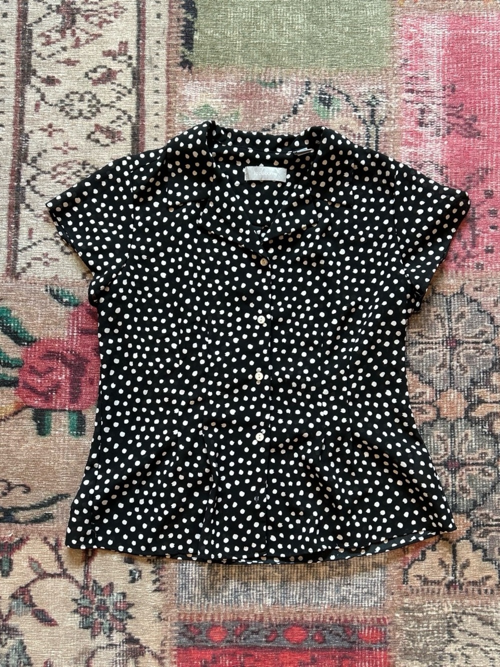 Liz Claiborne Black and White Polka Dot Short-Sleeve Button Front Blouse